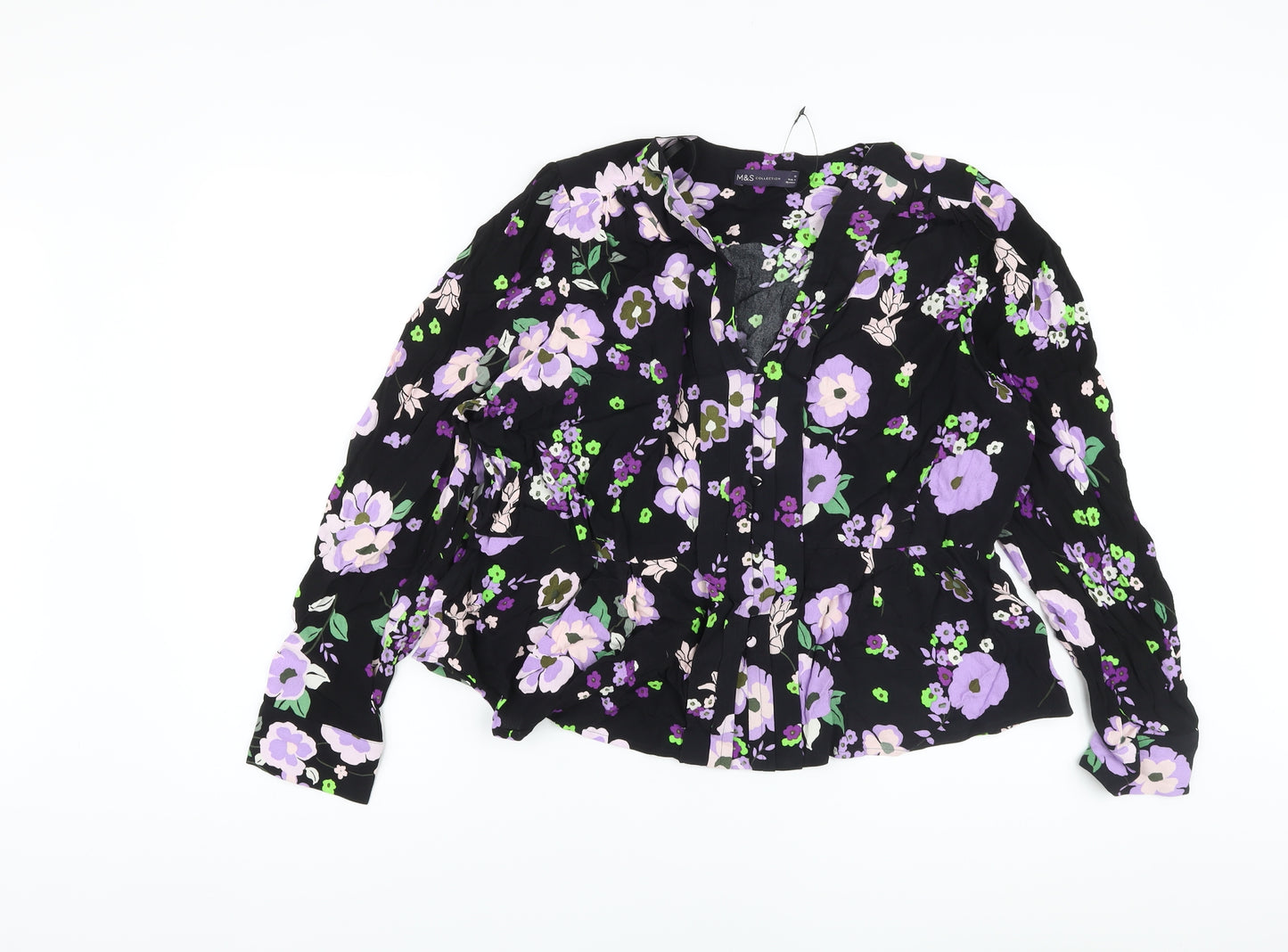 Marks and Spencer Womens Black Floral Viscose Basic Blouse Size 22 V-Neck