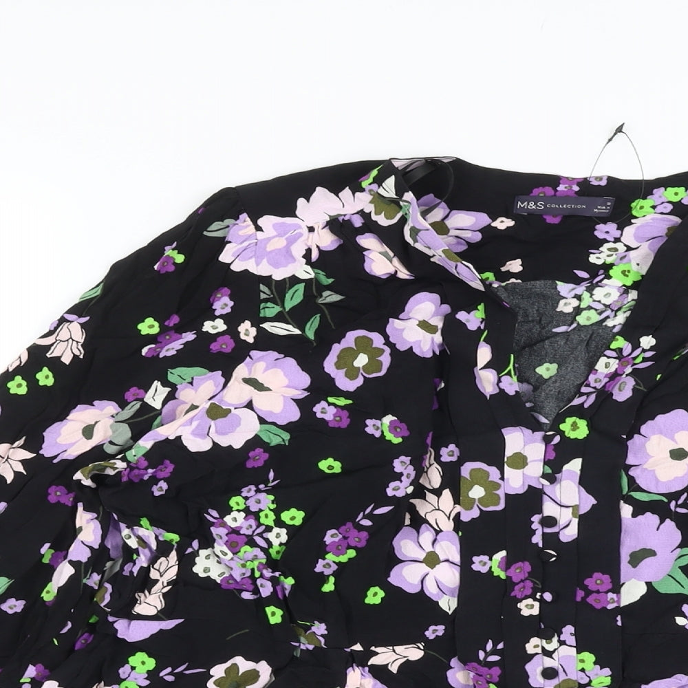 Marks and Spencer Womens Black Floral Viscose Basic Blouse Size 22 V-Neck