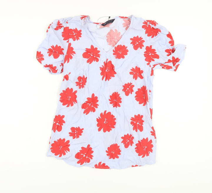 Marks and Spencer Womens Purple Floral Viscose Basic Blouse Size 6 V-Neck
