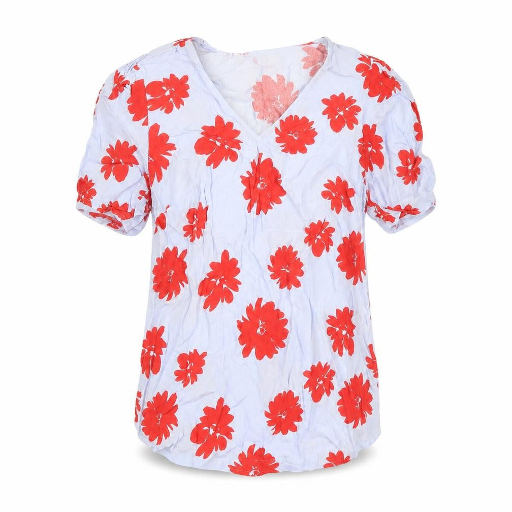 Front view of Marks & Spencer women’s purple floral viscose basic blouse, size UK 6, v-neck