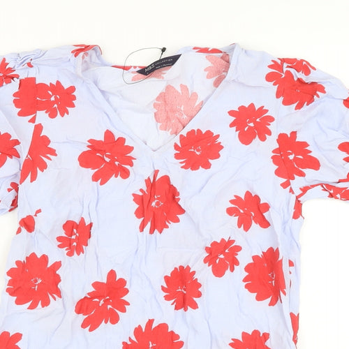 Marks and Spencer Womens Purple Floral Viscose Basic Blouse Size 6 V-Neck
