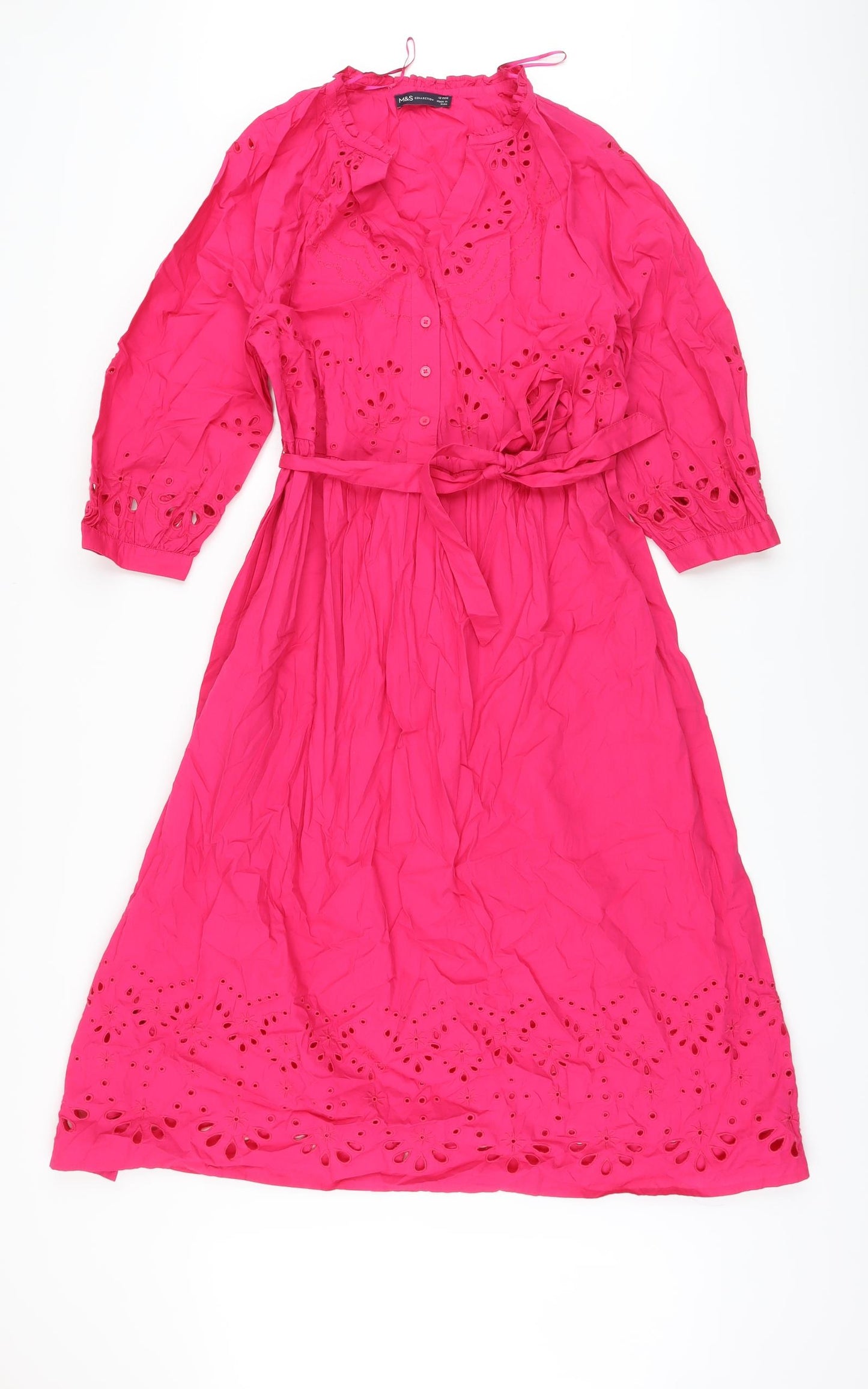 Marks and Spencer Womens Pink Cotton A-Line Size 12 V-Neck Button