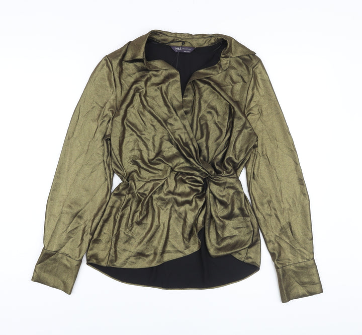 Marks and Spencer Womens Gold Polyester Basic Blouse Size 6 V-Neck