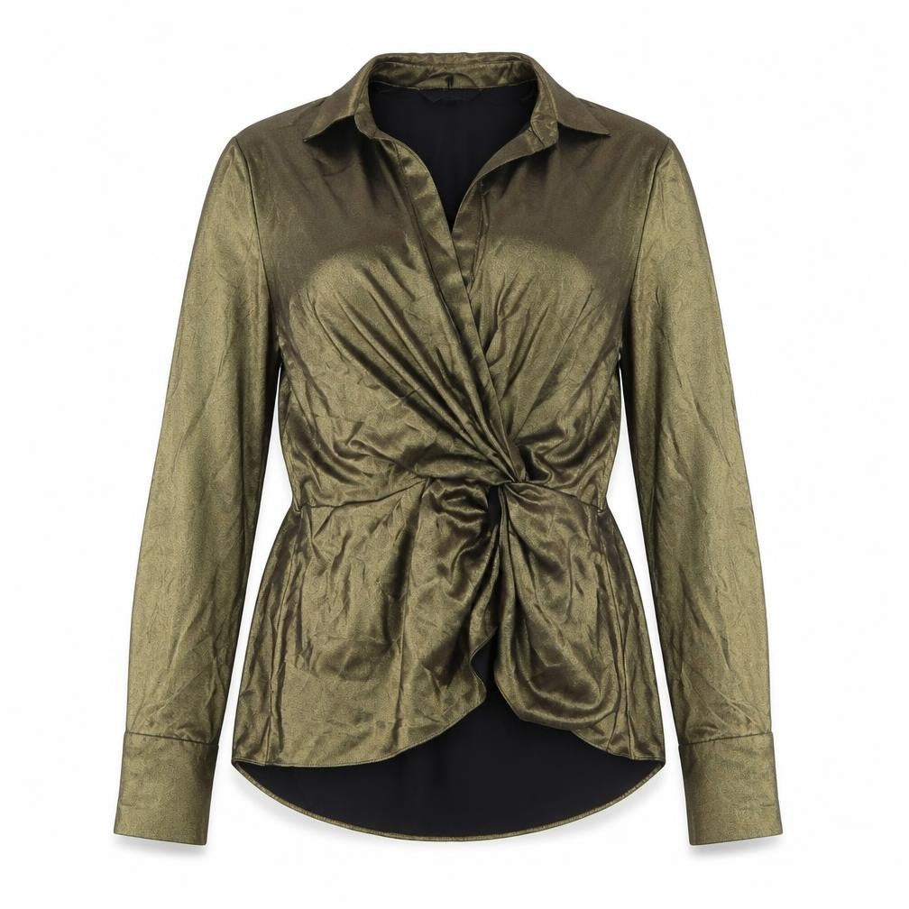 Front view of Marks & Spencer women’s gold polyester basic blouse, size UK 6, v-neck