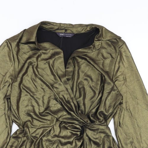 Marks and Spencer Womens Gold Polyester Basic Blouse Size 6 V-Neck