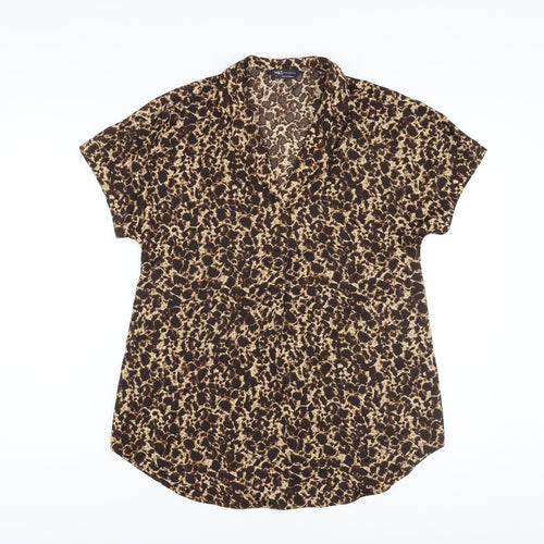 Marks and Spencer Womens Brown Animal Print Polyester Basic Blouse Size 6 V-Neck