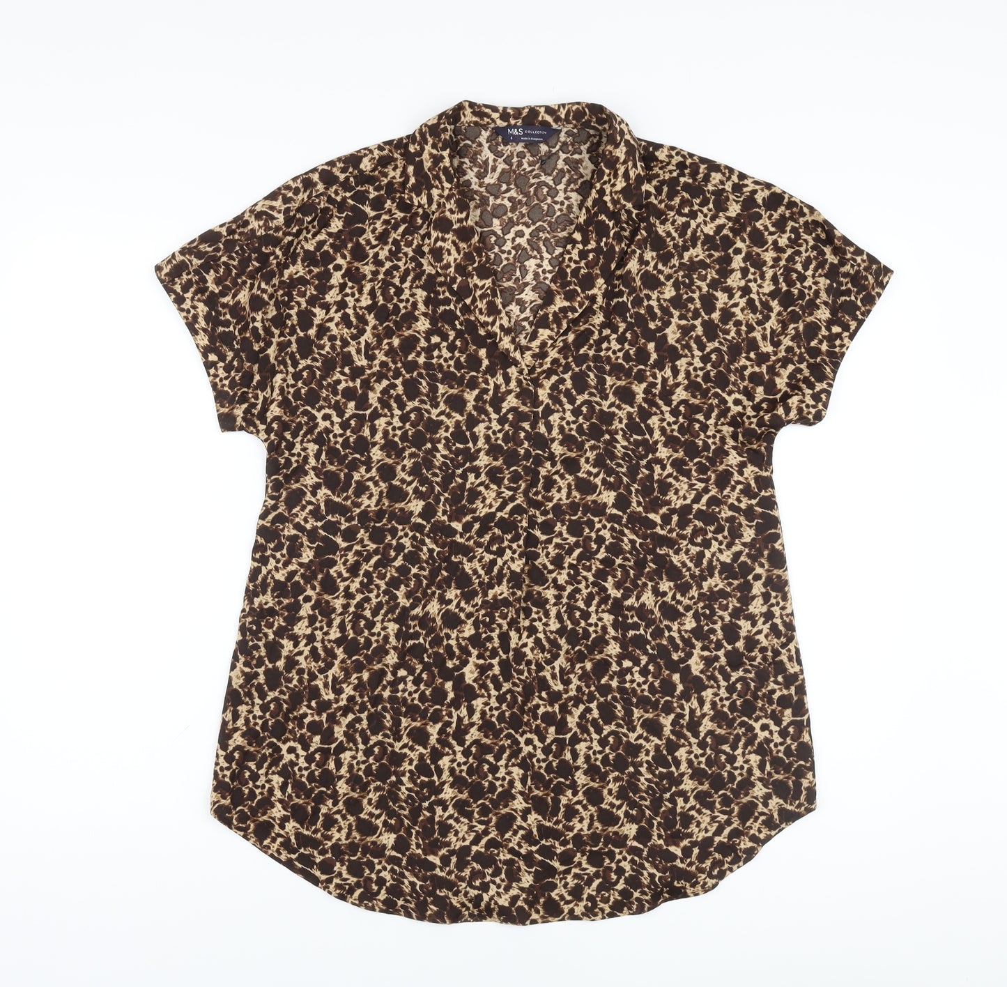 Marks and Spencer Womens Brown Animal Print Polyester Basic Blouse Size 6 V-Neck