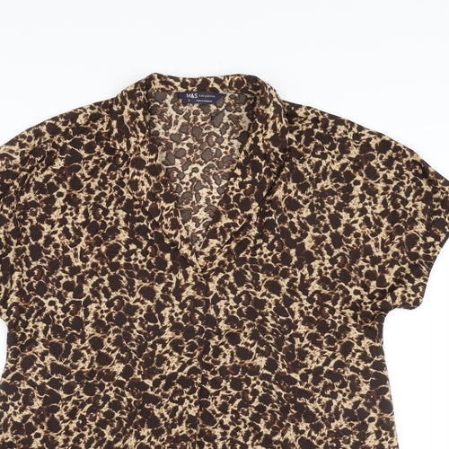 Marks and Spencer Womens Brown Animal Print Polyester Basic Blouse Size 6 V-Neck