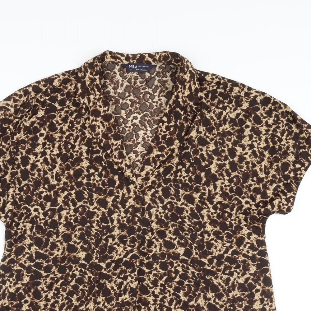 Marks and Spencer Womens Brown Animal Print Polyester Basic Blouse Size 6 V-Neck