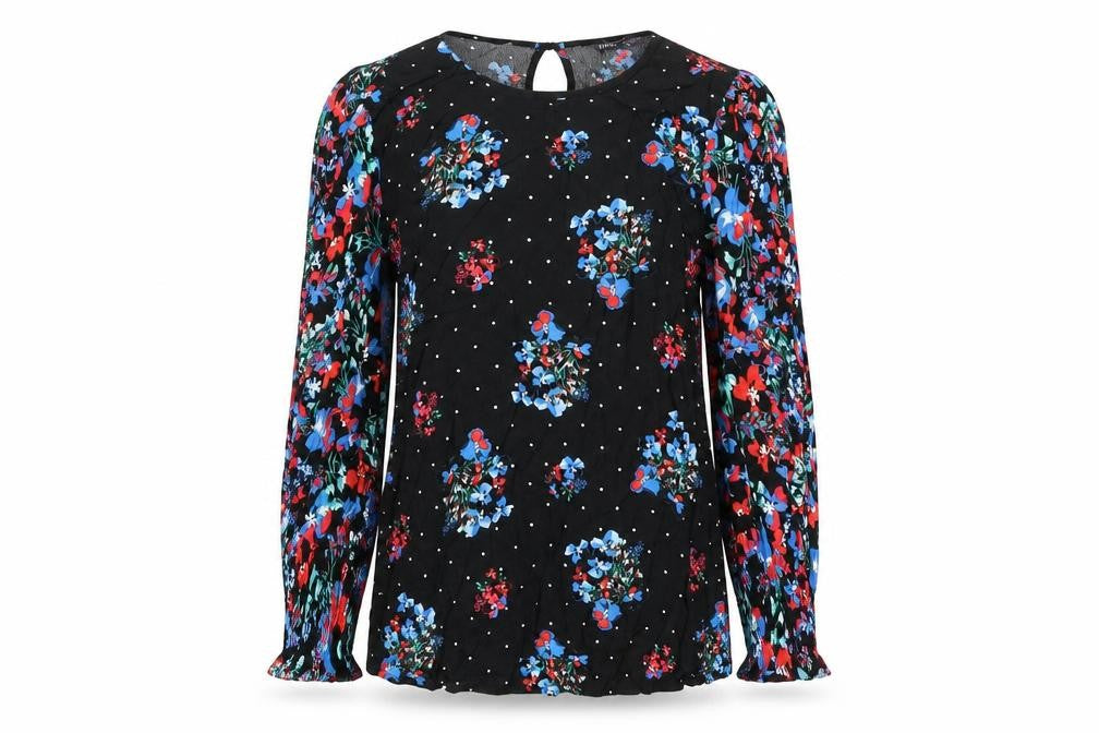 Front view of Marks & Spencer women’s black floral viscose basic blouse, size UK 6, round neck