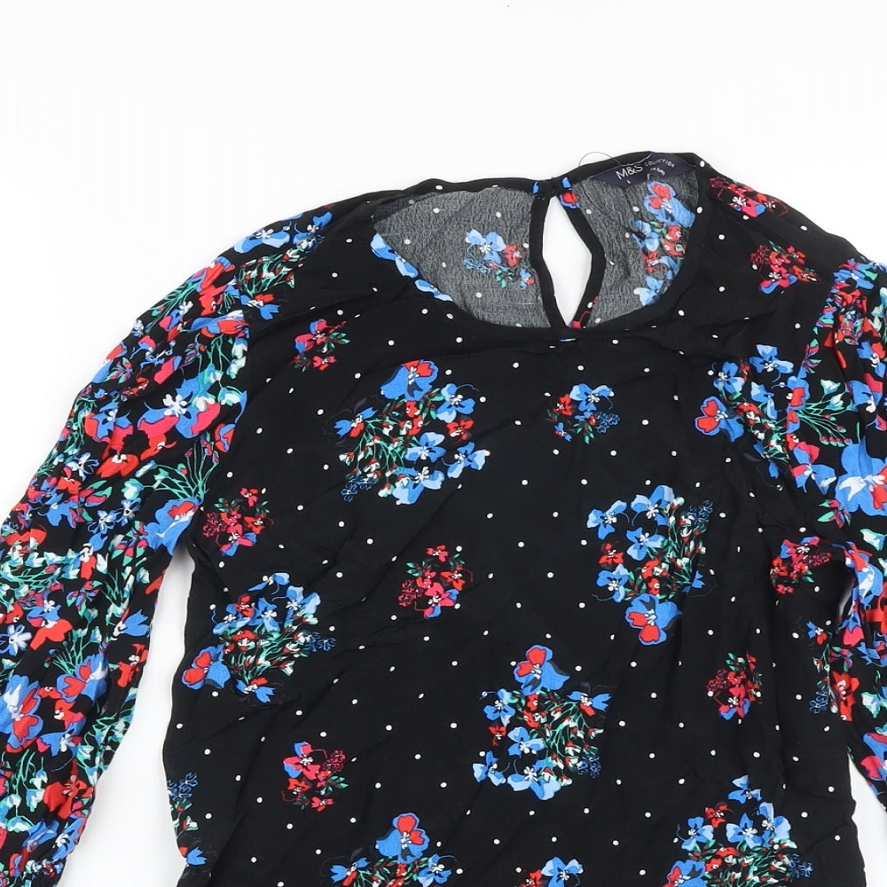 Marks and Spencer Womens Black Floral Viscose Basic Blouse Size 6 Round Neck