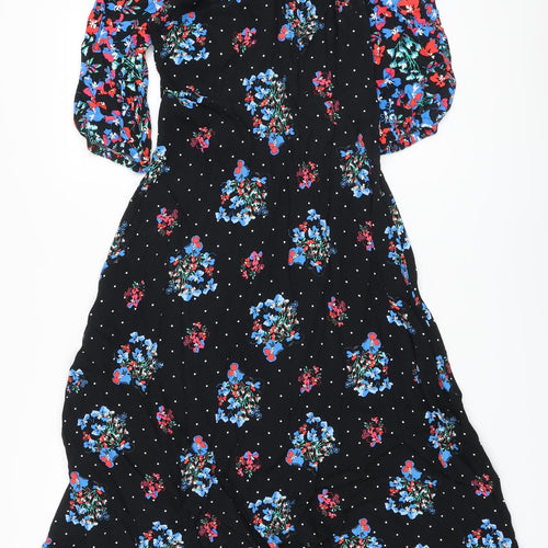 Marks and Spencer Womens Black Floral Viscose A-Line Size 8 Round Neck Zip