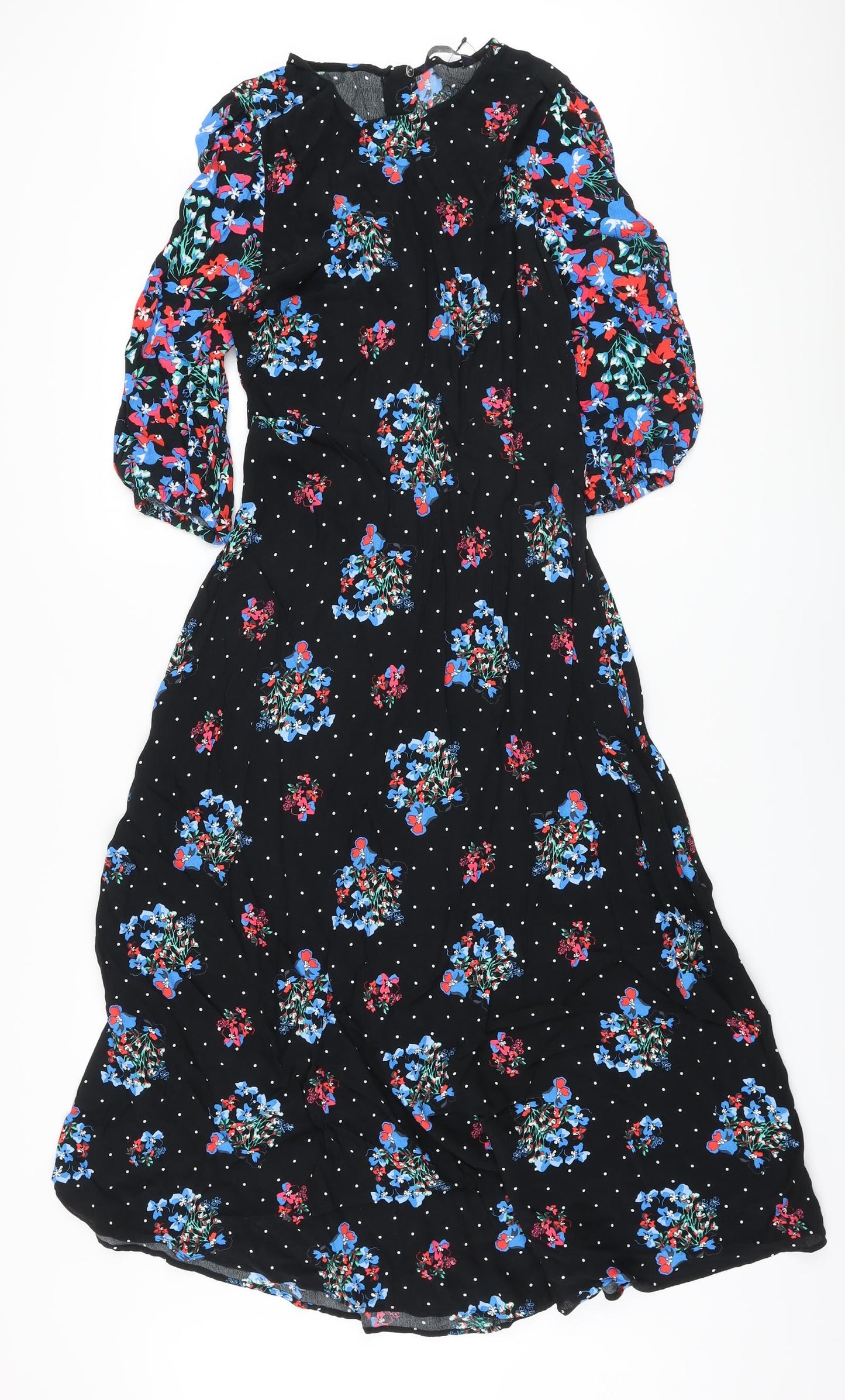Marks and Spencer Womens Black Floral Viscose A-Line Size 8 Round Neck Zip