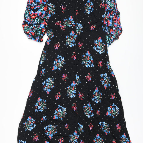 Marks and Spencer Womens Black Floral Viscose A-Line Size 8 Round Neck Zip