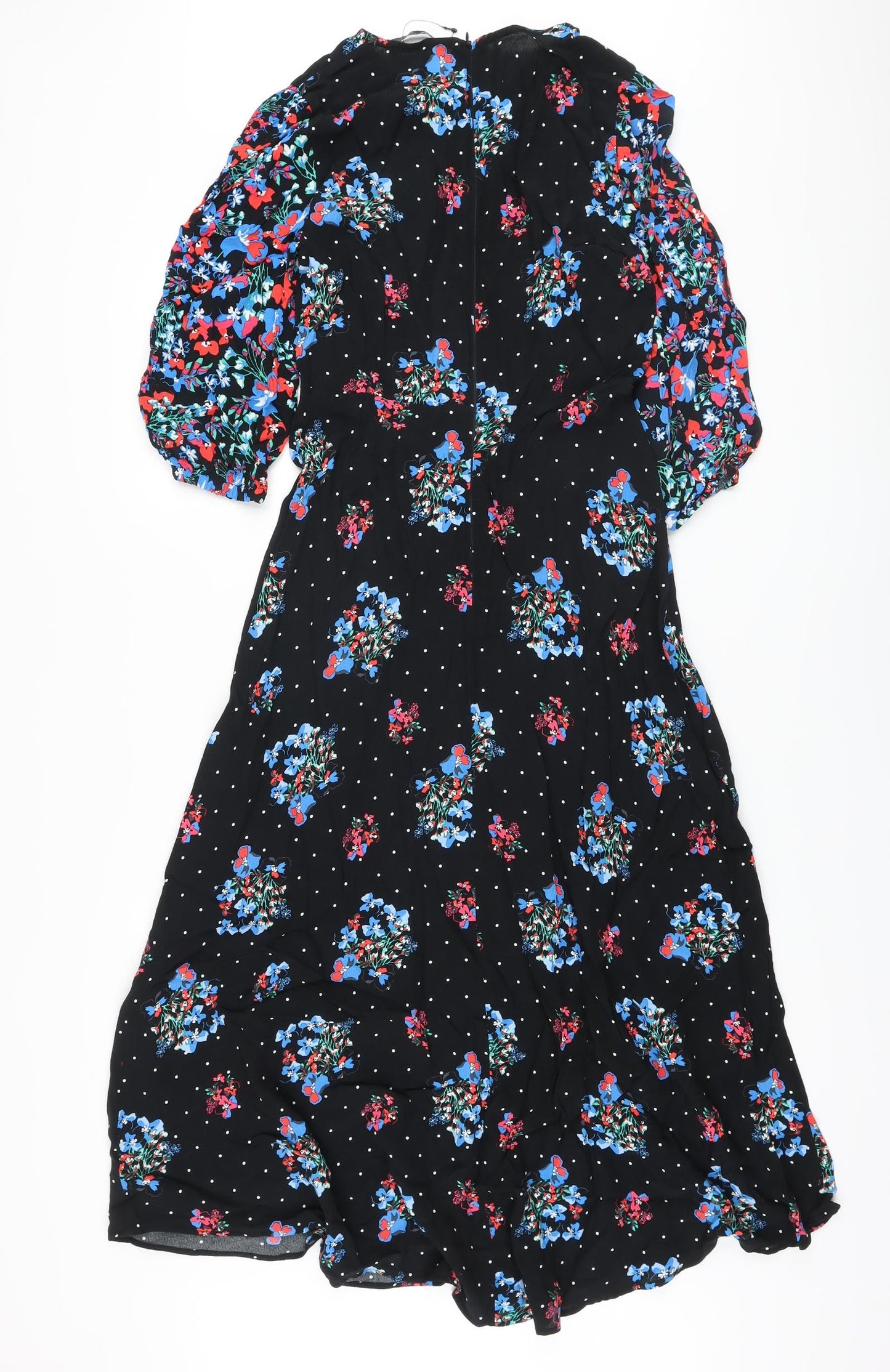 Marks and Spencer Womens Black Floral Viscose A-Line Size 8 Round Neck Zip