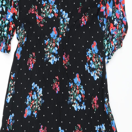 Marks and Spencer Womens Black Floral Viscose A-Line Size 8 Round Neck Zip