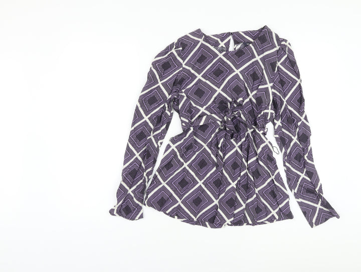 Marks and Spencer Womens Purple Geometric Viscose Basic Blouse Size 8 Round Neck