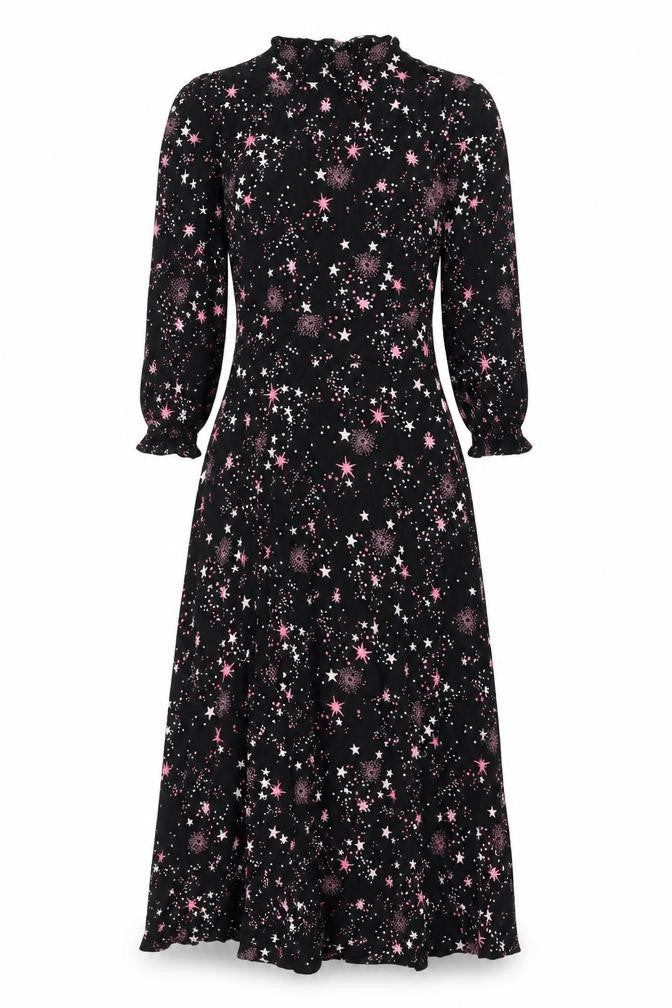 Marks and Spencer Womens Black Geometric Viscose A-Line Size 8 Round Neck Zip