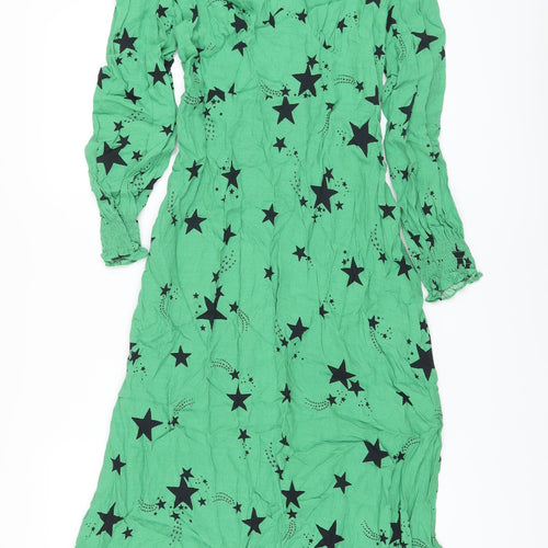 Marks and Spencer Womens Green Geometric Viscose A-Line Size 12 V-Neck Zip