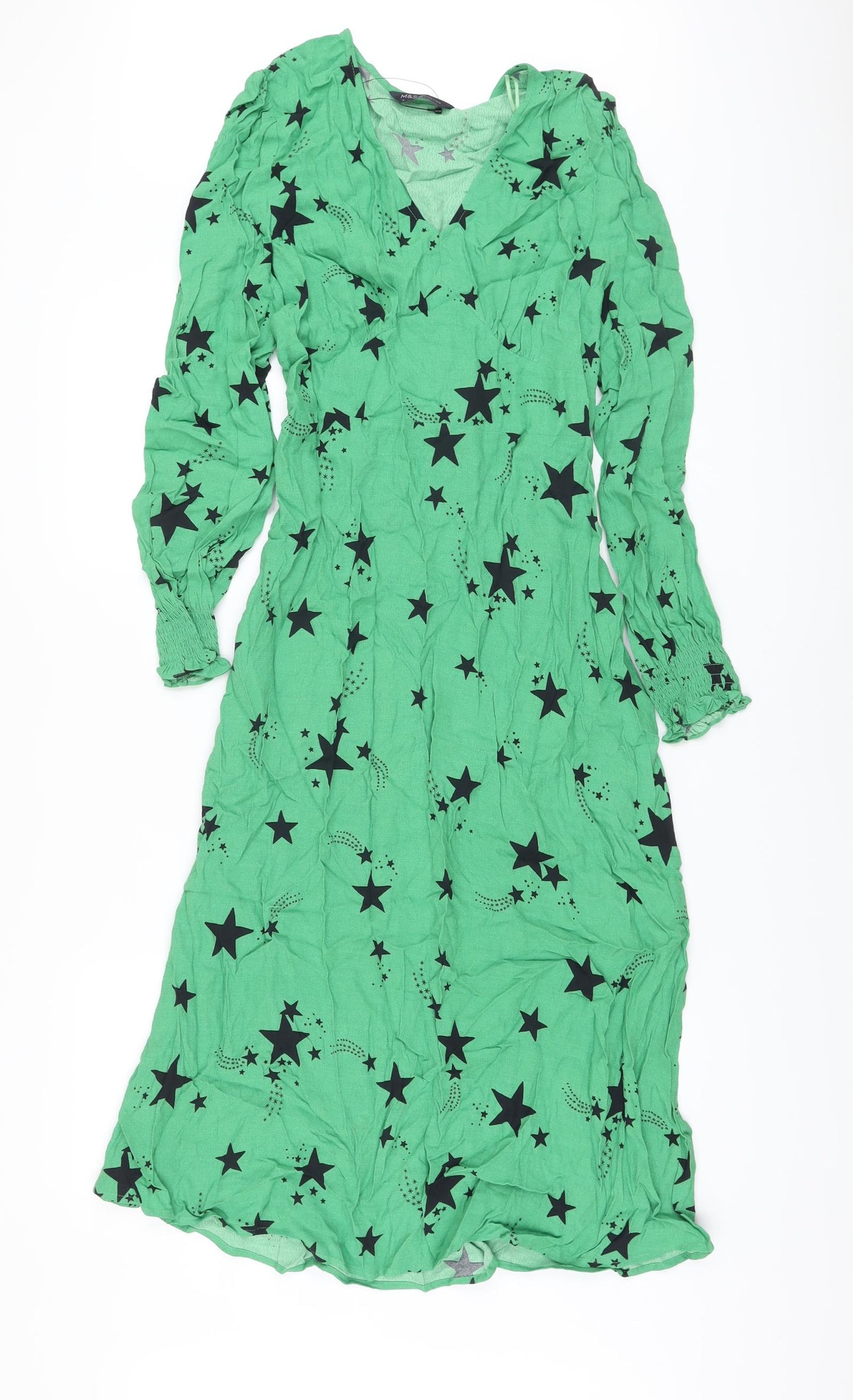 Marks and Spencer Womens Green Geometric Viscose A-Line Size 12 V-Neck Zip