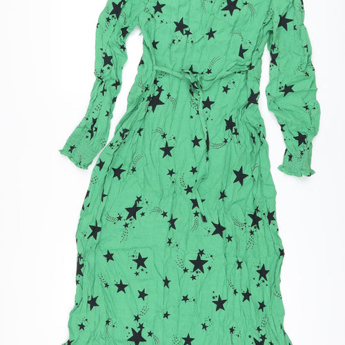 Marks and Spencer Womens Green Geometric Viscose A-Line Size 12 V-Neck Zip