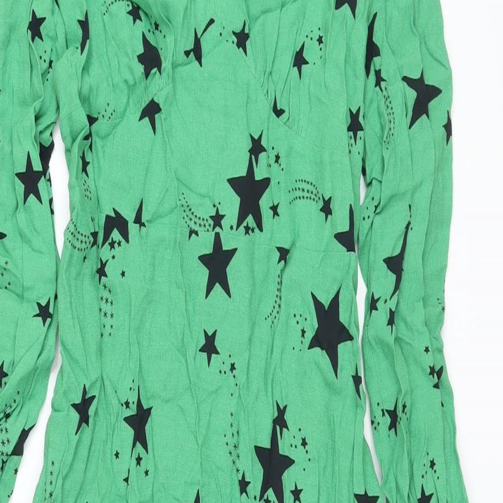 Marks and Spencer Womens Green Geometric Viscose A-Line Size 12 V-Neck Zip