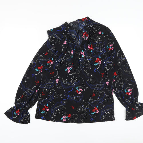Marks and Spencer Womens Black Floral Polyester Basic Blouse Size 8 V-Neck