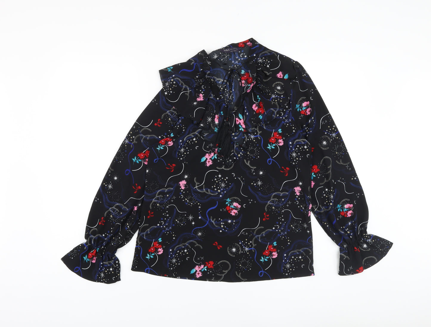 Marks and Spencer Womens Black Floral Polyester Basic Blouse Size 8 V-Neck