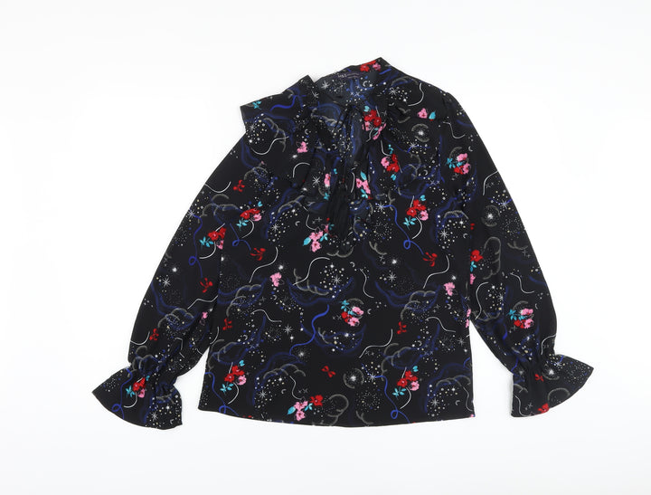 Marks and Spencer Womens Black Floral Polyester Basic Blouse Size 8 V-Neck