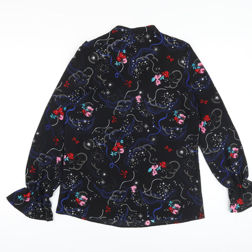 Marks and Spencer Womens Black Floral Polyester Basic Blouse Size 8 V-Neck