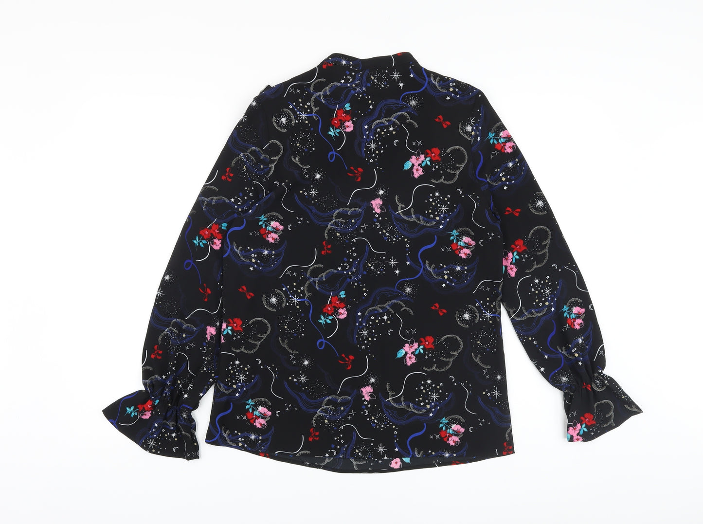 Marks and Spencer Womens Black Floral Polyester Basic Blouse Size 8 V-Neck