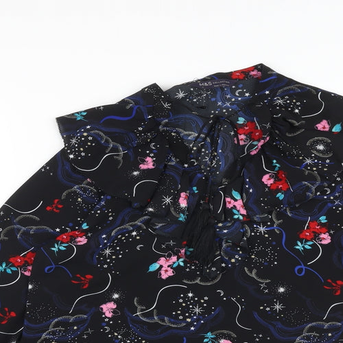 Marks and Spencer Womens Black Floral Polyester Basic Blouse Size 8 V-Neck