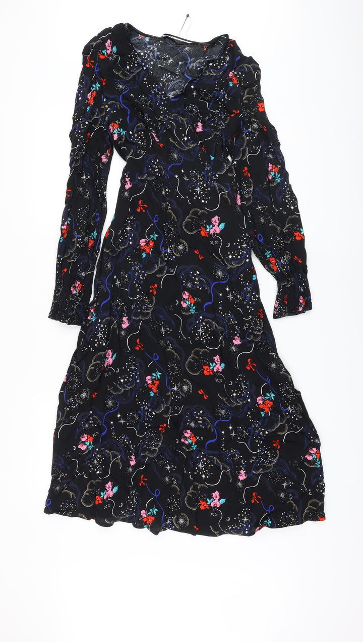 Marks and Spencer Womens Black Fair Isle Viscose A-Line Size 10 V-Neck Zip