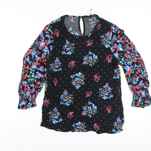 Marks and Spencer Womens Black Floral Viscose Basic Blouse Size 8 Round Neck