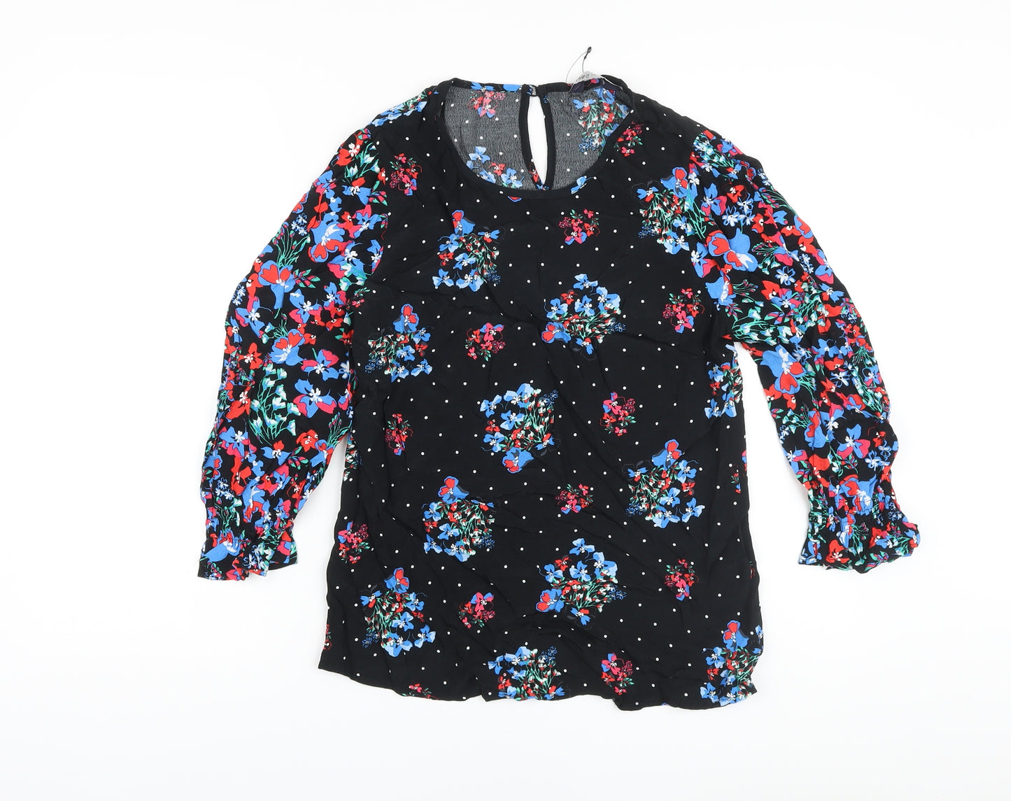 Marks and Spencer Womens Black Floral Viscose Basic Blouse Size 8 Round Neck