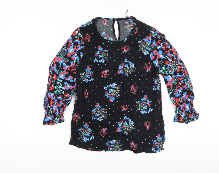 Marks and Spencer Womens Black Floral Viscose Basic Blouse Size 8 Round Neck