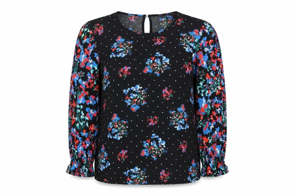 Front view of Marks & Spencer women’s black floral viscose basic blouse, size UK 8, round neck