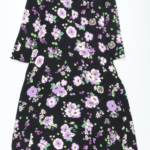 Marks and Spencer Womens Black Floral Polyester A-Line Size 8 Mock Neck Zip