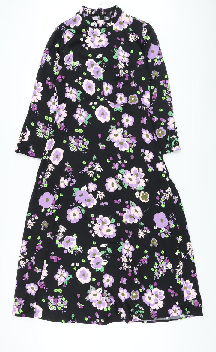 Marks and Spencer Womens Black Floral Polyester A-Line Size 8 Mock Neck Zip