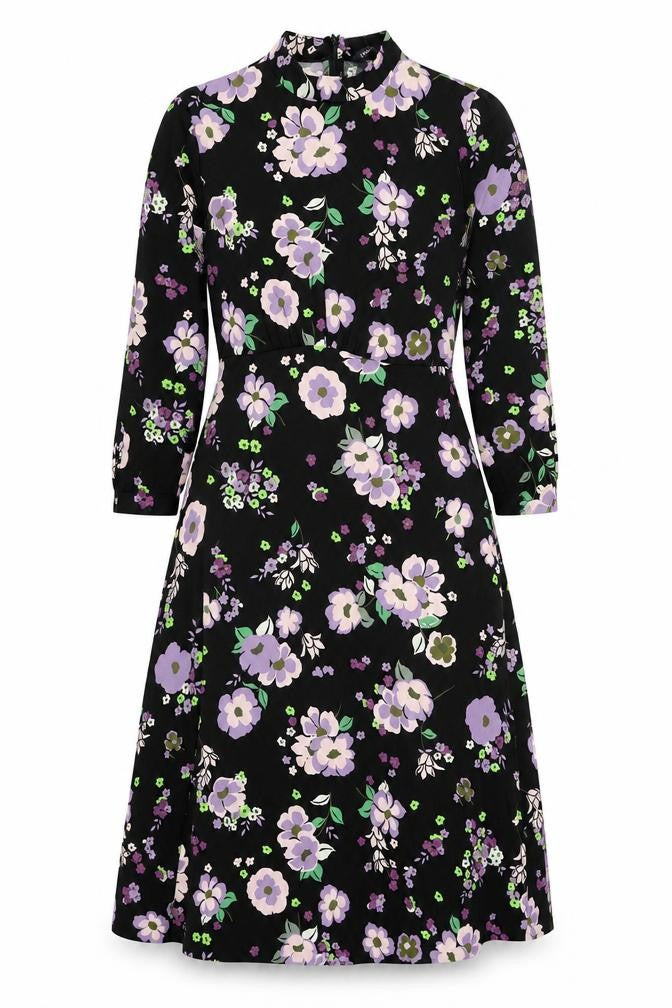 Front view of Marks & Spencer women’s black floral polyester a-line, size UK 8, mock neck zip