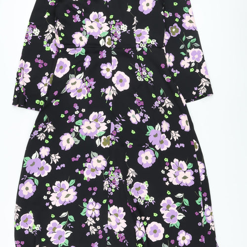 Marks and Spencer Womens Black Floral Polyester A-Line Size 8 Mock Neck Zip