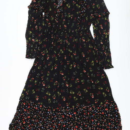 Marks and Spencer Womens Black Floral Viscose A-Line Size 10 Mock Neck Button