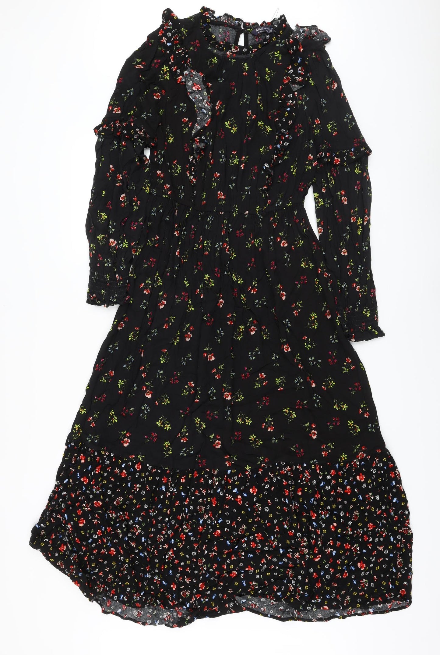 Marks and Spencer Womens Black Floral Viscose A-Line Size 10 Mock Neck Button