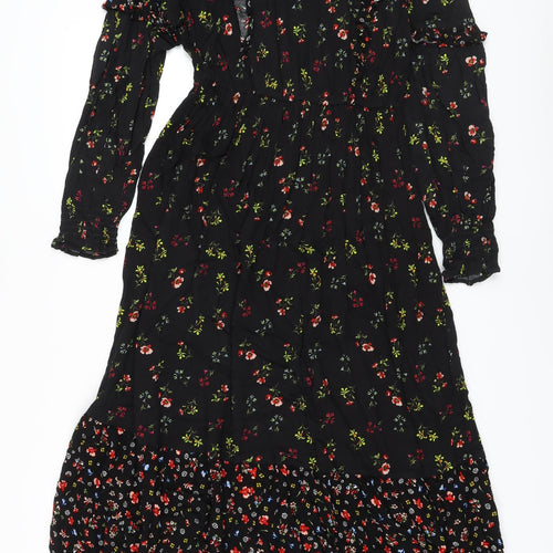 Marks and Spencer Womens Black Floral Viscose A-Line Size 10 Mock Neck Button