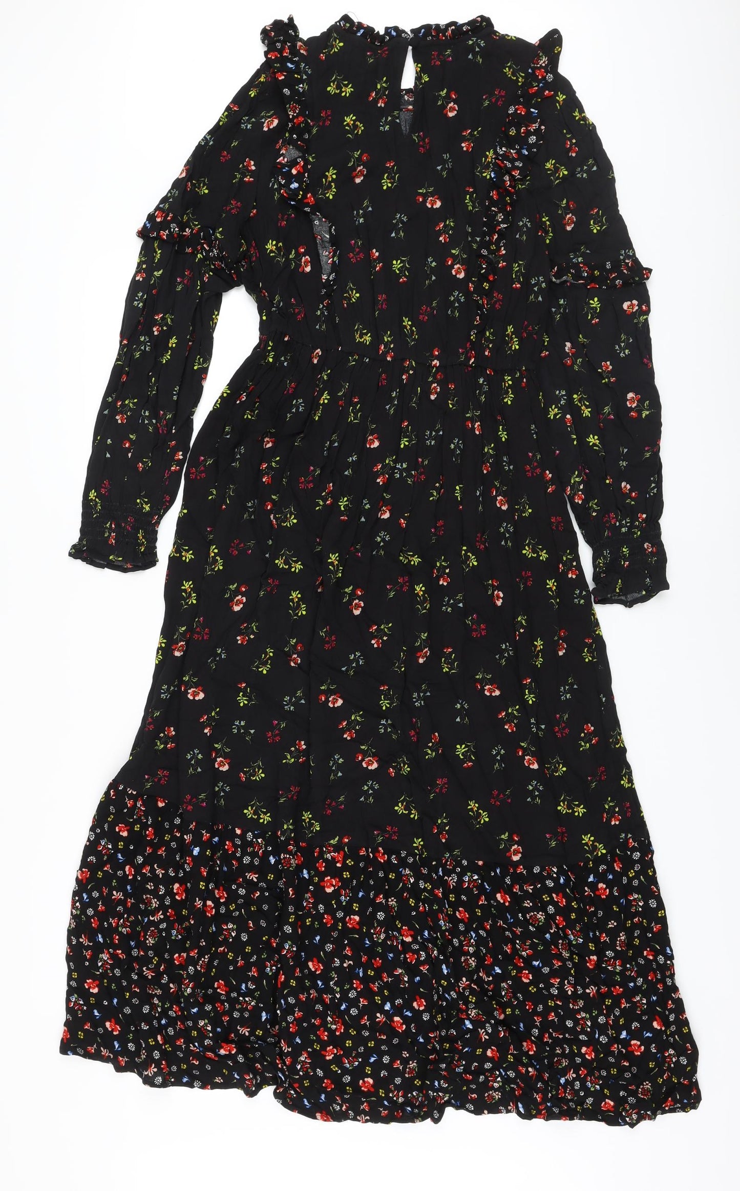 Marks and Spencer Womens Black Floral Viscose A-Line Size 10 Mock Neck Button