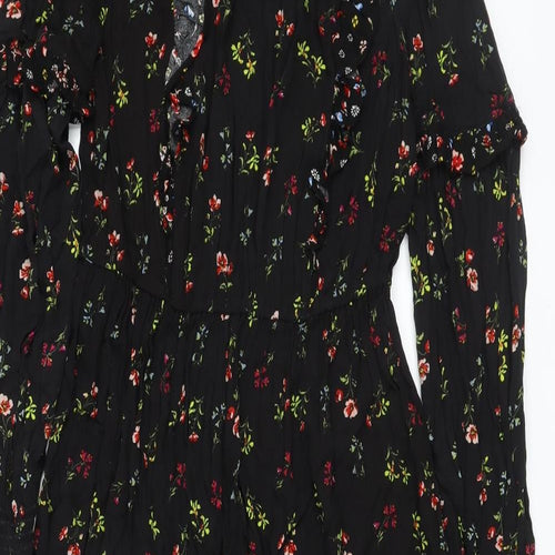 Marks and Spencer Womens Black Floral Viscose A-Line Size 10 Mock Neck Button