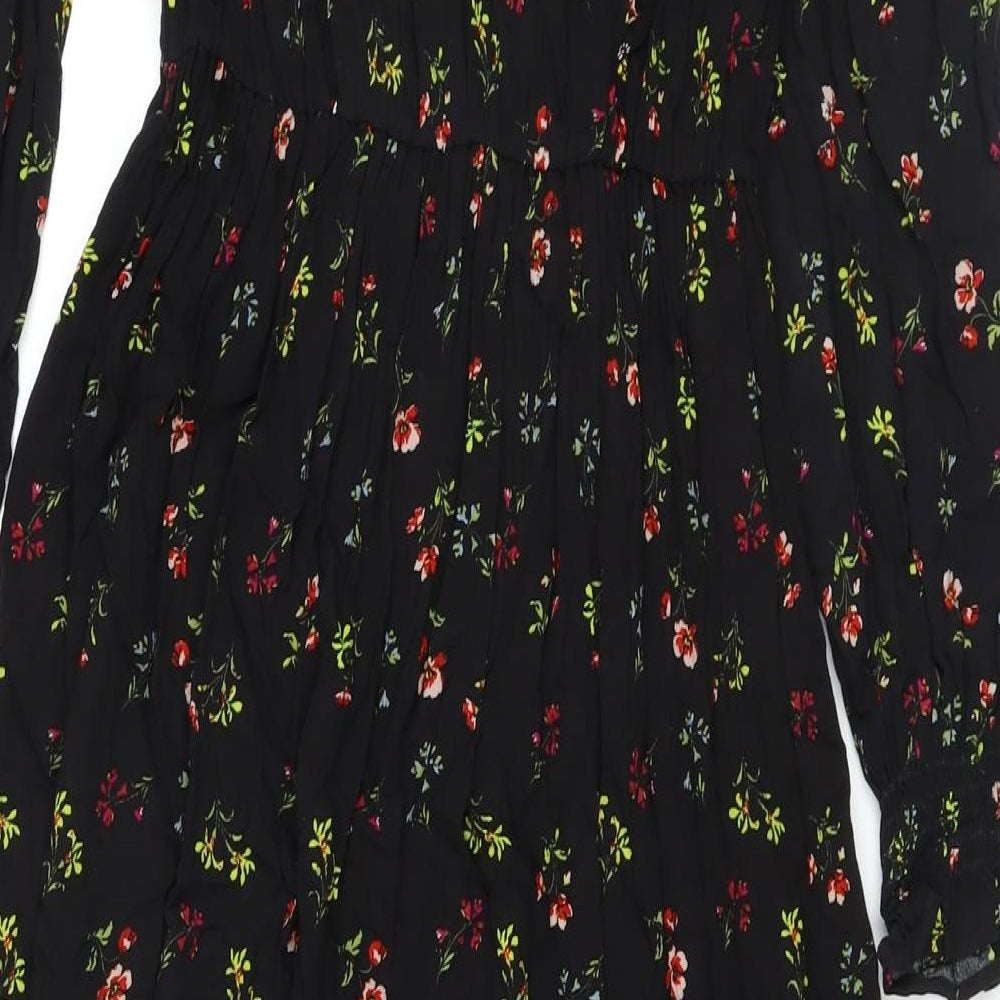 Marks and Spencer Womens Black Floral Viscose A-Line Size 10 Mock Neck Button