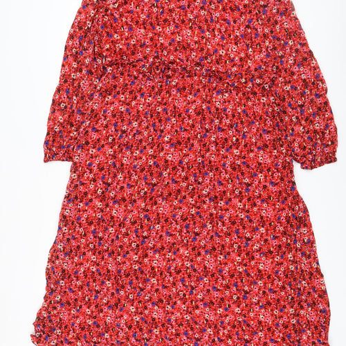 Marks and Spencer Womens Red Floral Viscose A-Line Size 16 Round Neck Tie