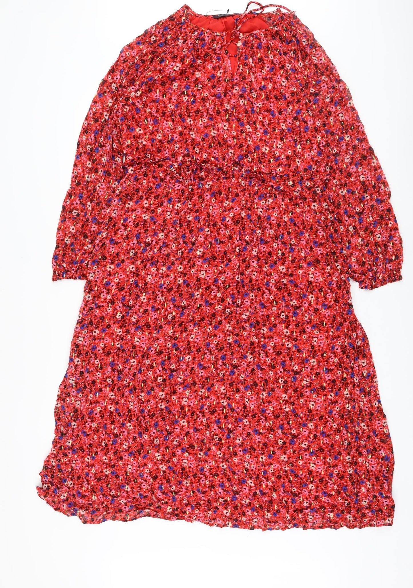 Marks and Spencer Womens Red Floral Viscose A-Line Size 16 Round Neck Tie