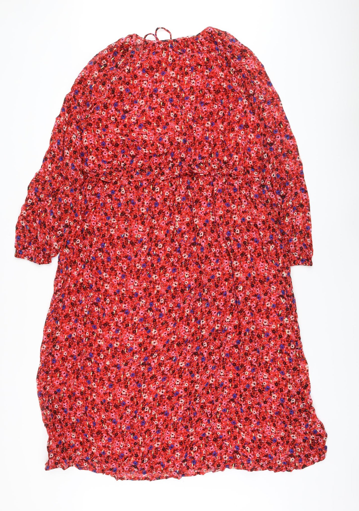 Marks and Spencer Womens Red Floral Viscose A-Line Size 16 Round Neck Tie